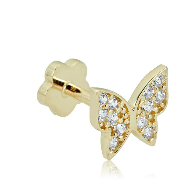 AVORA 14K Yellow Gold Simulated Diamond CZ Butterfly Cartilage Piercing Flat  Back Earring Body Jewelry (18 Gauge) 