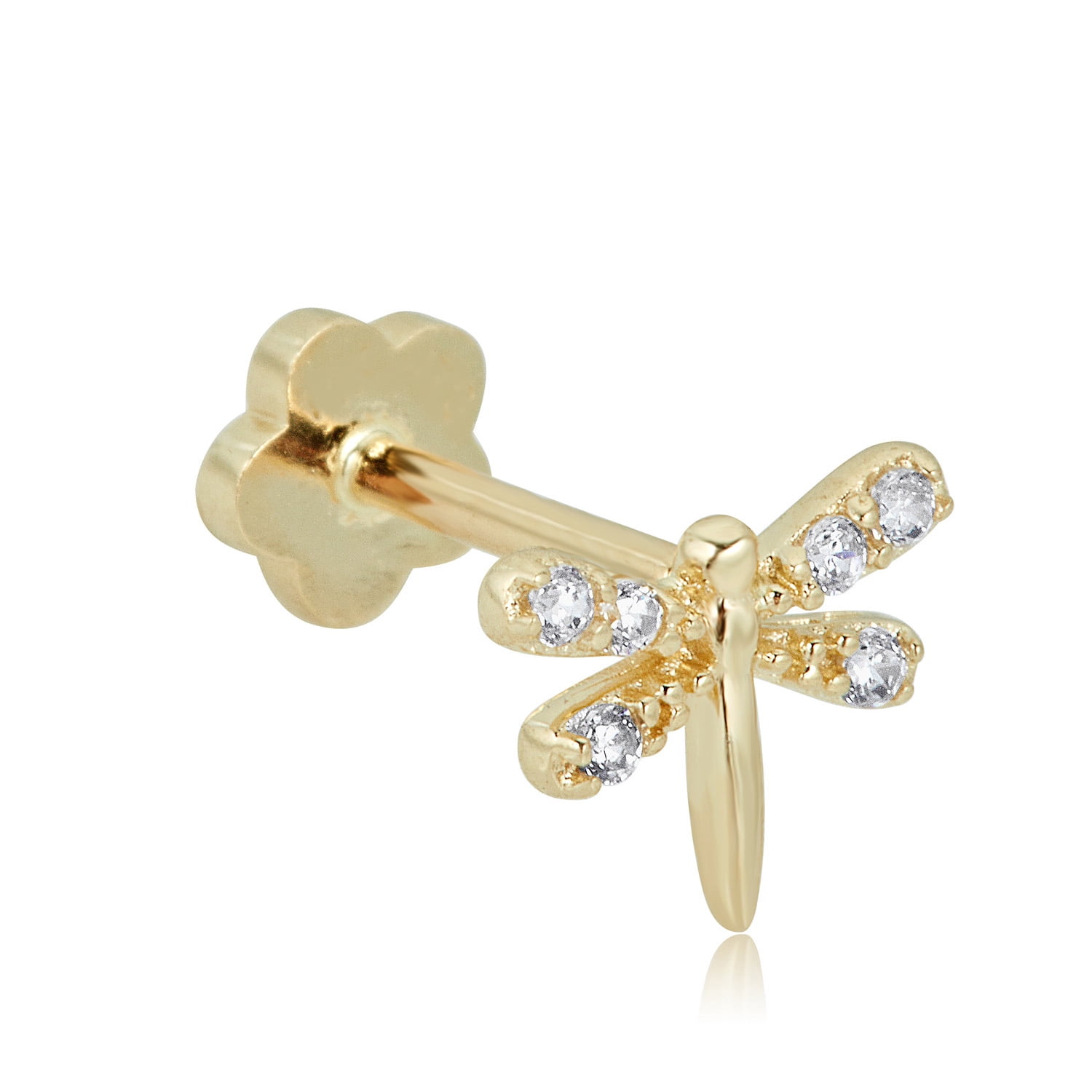 AVORA 14K Yellow Gold Simulated Diamond CZ Dragonfly Cartilage Piercing Flat Back Earring Body Jewelry (18 Gauge)