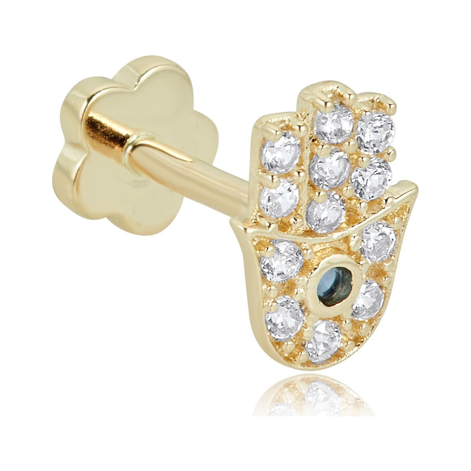 AVORA 14K Yellow Gold Simulated Diamond CZ Hamsa Cartilage Piercing Flat Back Earring Body Jewelry (18 Gauge)