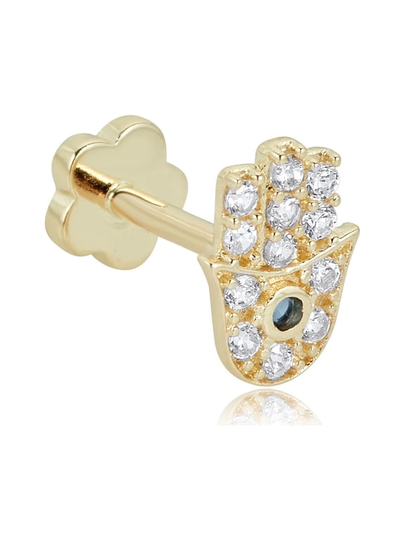 AVORA 14K Yellow Gold Simulated Diamond CZ Hamsa Cartilage Piercing Flat Back Earring Body Jewelry (18 Gauge)
