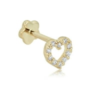 AVORA 14K Yellow Gold Simulated Diamond CZ Open Heart Cartilage Piercing Flat Back Earring Body Jewelry 18 Gauge