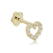 AVORA 14K Yellow Gold Simulated Diamond CZ Open Heart Cartilage Piercing Flat Back Earring Body Jewelry (18 Gauge)