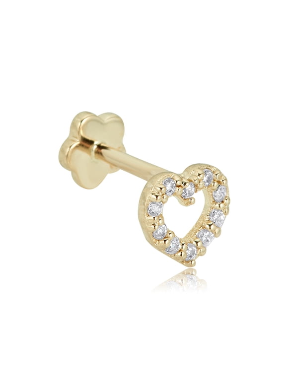 AVORA 14K Yellow Gold Simulated Diamond CZ Open Heart Cartilage Piercing Flat Back Earring Body Jewelry (18 Gauge)