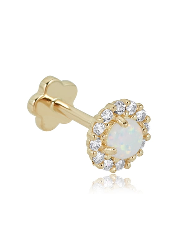 AVORA 14K Yellow Gold Simulated Opal and Simulated Diamond CZ Halo Cartilage Piercing Flat Back Earring Body Jewelry (18 Gauge)
