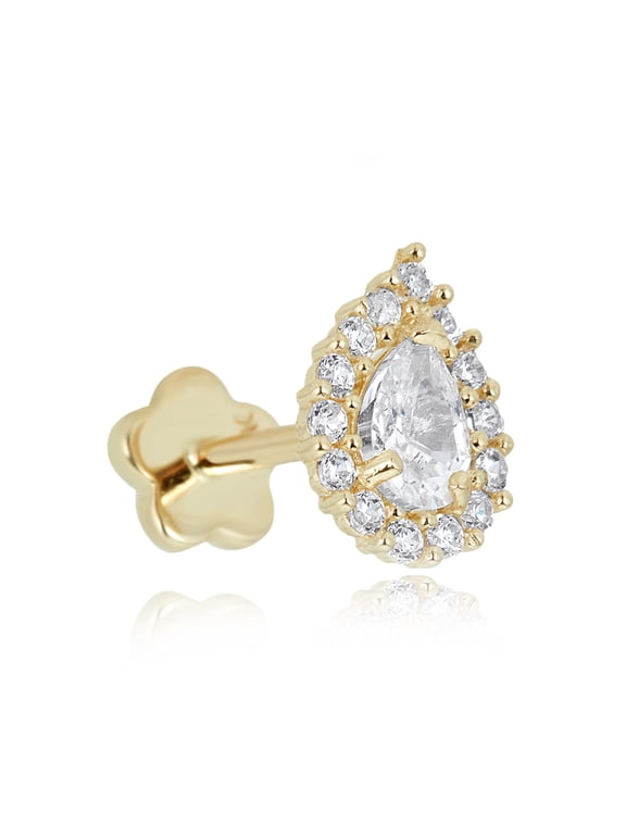 AVORA 14K Yellow Gold Teardrop Pear-shaped Simulated Diamond CZ Halo Cartilage Piercing Flat Back Earring Body Jewelry (18 Gauge)