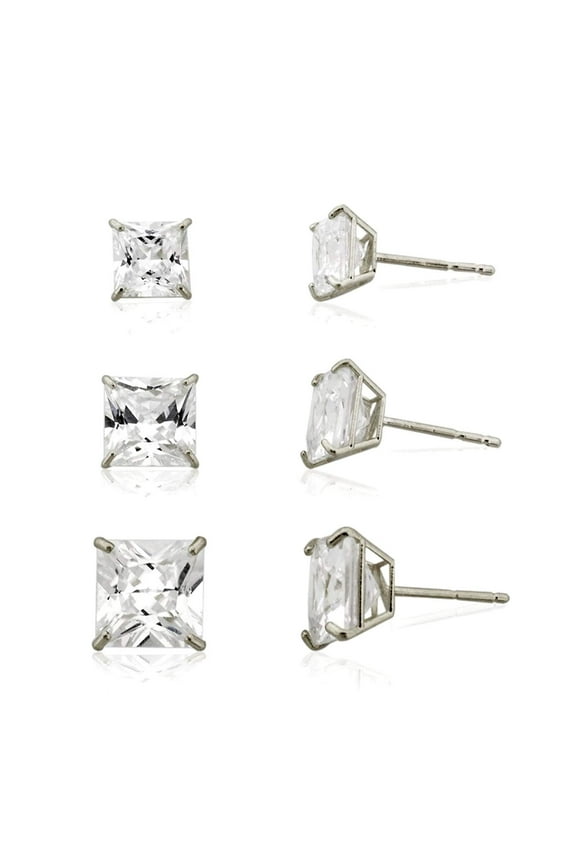 AVORA 3-Pair 10K White Gold Princess Cut Simulated Diamond CZ Stud Earrings Set