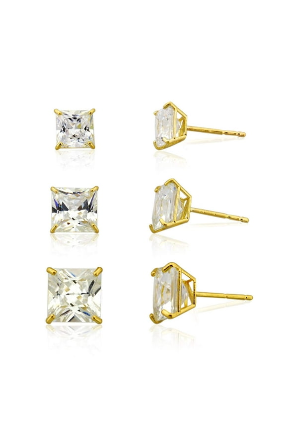 AVORA 3-Pair 10K Yellow Gold Princess Cut Simulated Diamond CZ Stud Earrings Set