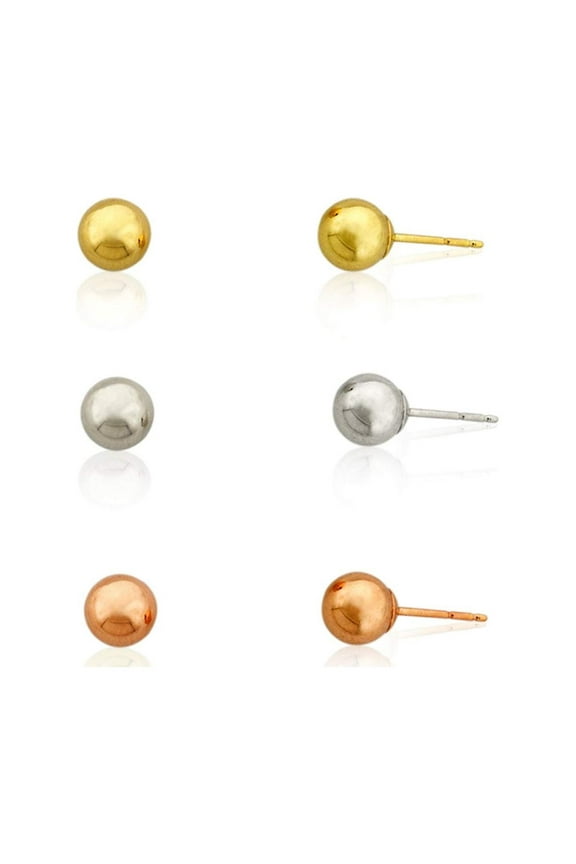 AVORA 3-Pair 10K Yellow, White, and Rose Gold Three Color Polished Ball Stud Earrings Set