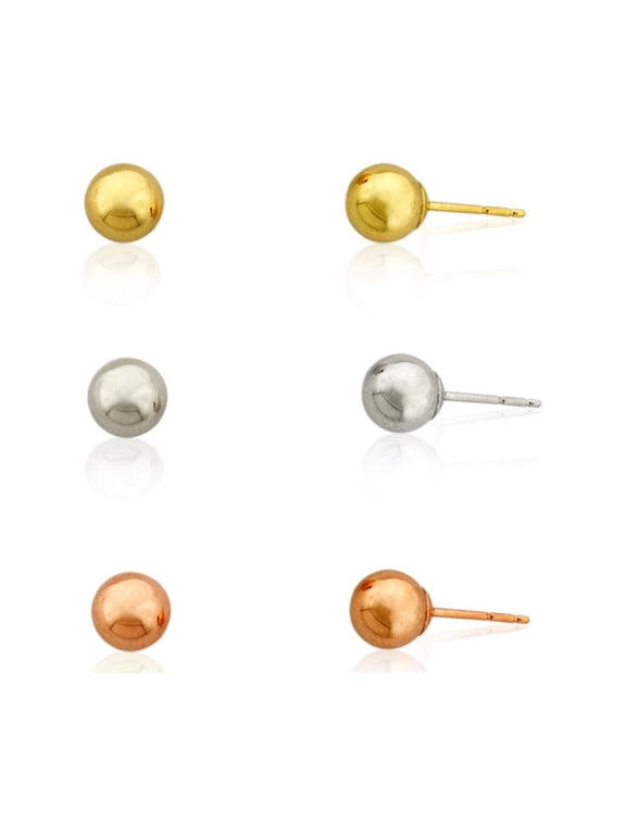 AVORA 3-Pair 10K Yellow, White, and Rose Gold Three Color Polished Ball Stud Earrings Set
