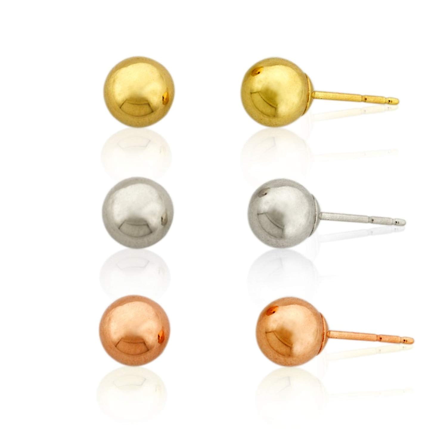 AVORA 3-Pair 14K Yellow, White, and Rose Gold Three Color Polished Ball Stud Earrings Set