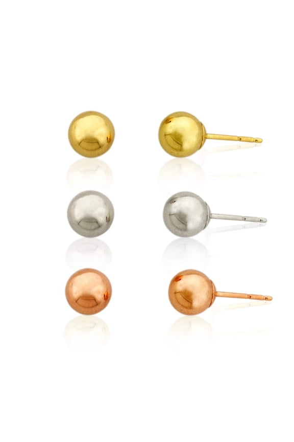 AVORA 3-Pair 14K Yellow, White, and Rose Gold Three Color Polished Ball Stud Earrings Set