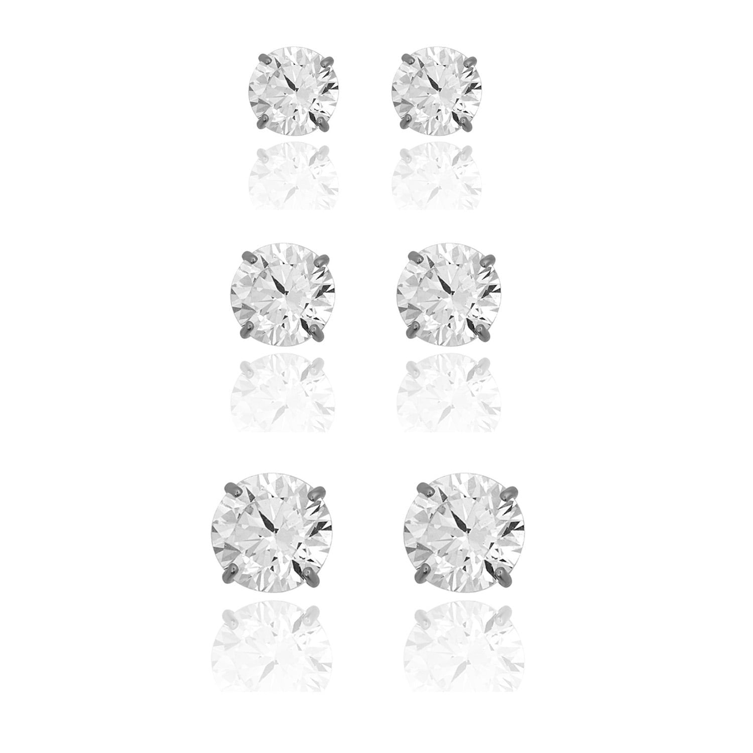 AVORA 3-pair 10K White Gold Round Simulated Diamond CZ Stud Earrings Set, (4mm,5mm & 6mm)