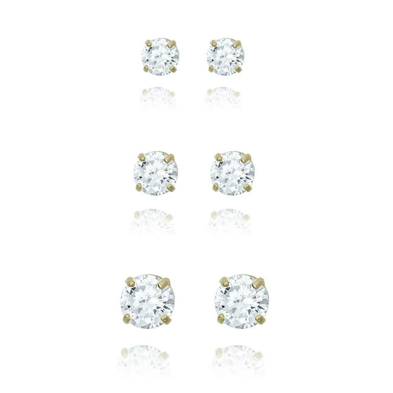 AVORA 3-pair 10K Yellow Gold Round Simulated Diamond CZ Stud Earrings Set, (3mm,4mm & 5mm)