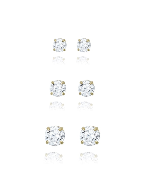 AVORA 3-pair 10K Yellow Gold Round Simulated Diamond CZ Stud Earrings Set, (3mm,4mm & 5mm)