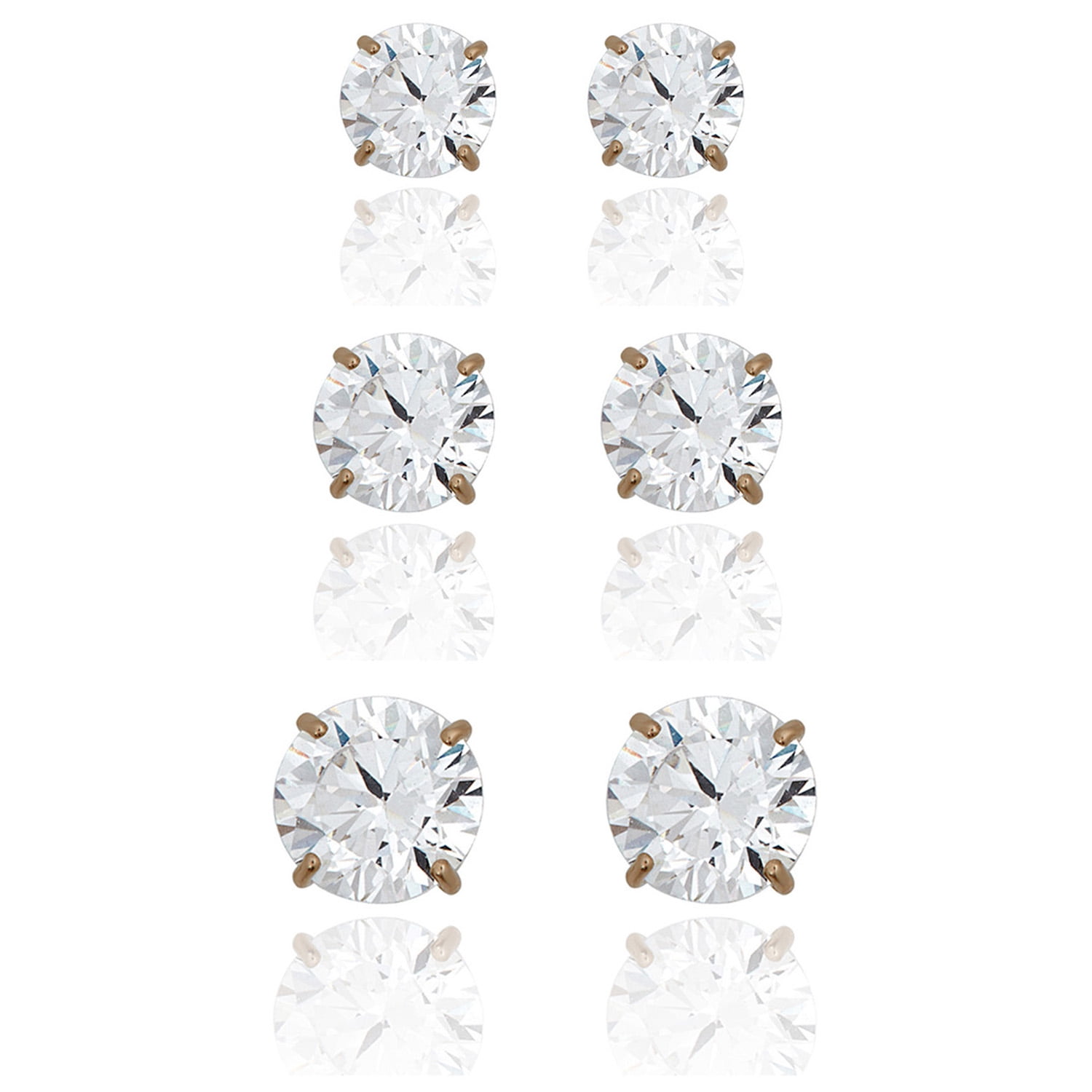 AVORA 3-pair 10K Yellow Gold Round Simulated Diamond CZ Stud Earrings Set, (6mm, 7mm & 8mm)