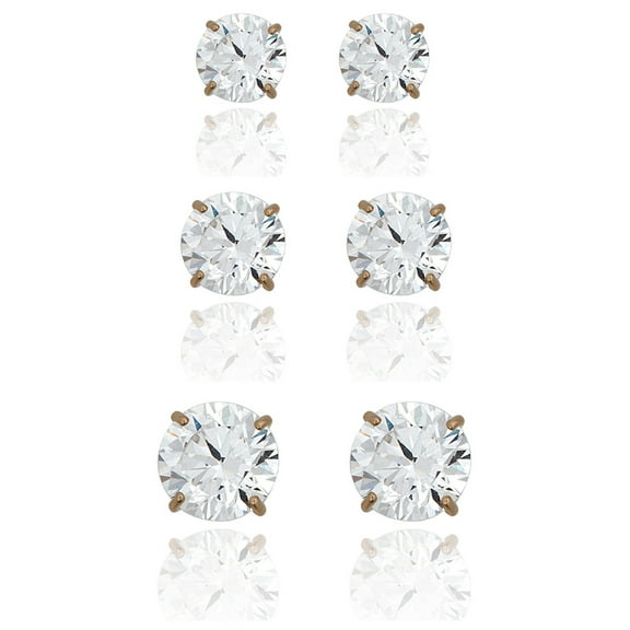 AVORA 3-pair 10K Yellow Gold Round Simulated Diamond CZ Stud Earrings Set, (6mm, 7mm & 8mm)