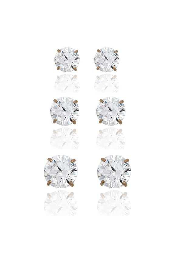 AVORA 3-pair 10K Yellow Gold Round Simulated Diamond CZ Stud Earrings Set, (6mm, 7mm & 8mm)