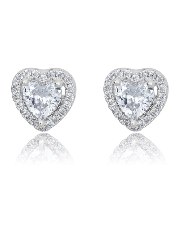AVORA 925 Sterling Silver 6mm Heart-shaped Simulated Diamond CZ Heart Halo Stud Earrings