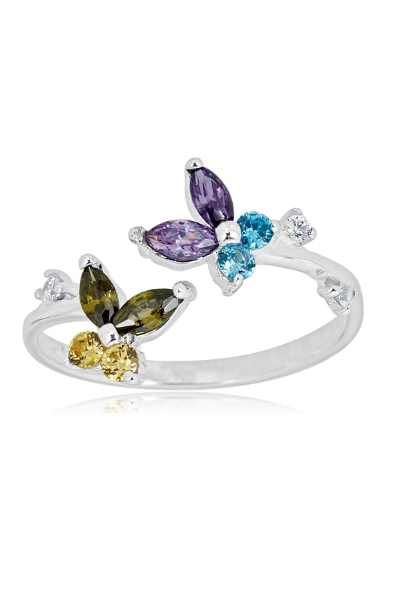 AVORA 925 Sterling Silver Adjustable Butterfly Toe Ring with Purple and Green Simulated Diamond CZ