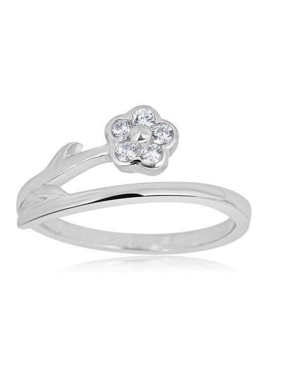 AVORA 925 Sterling Silver Adjustable Bypass Flower Toe Ring with Simulated Diamond CZ