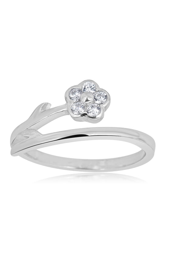 AVORA 925 Sterling Silver Adjustable Bypass Flower Toe Ring with Simulated Diamond CZ