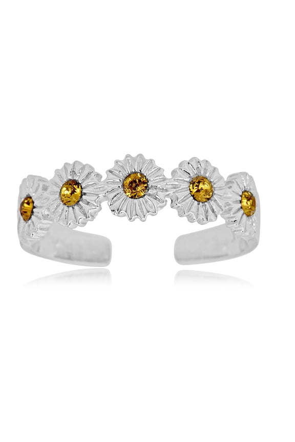 AVORA 925 Sterling Silver Adjustable Flower Toe Ring with Simulated Diamond CZ