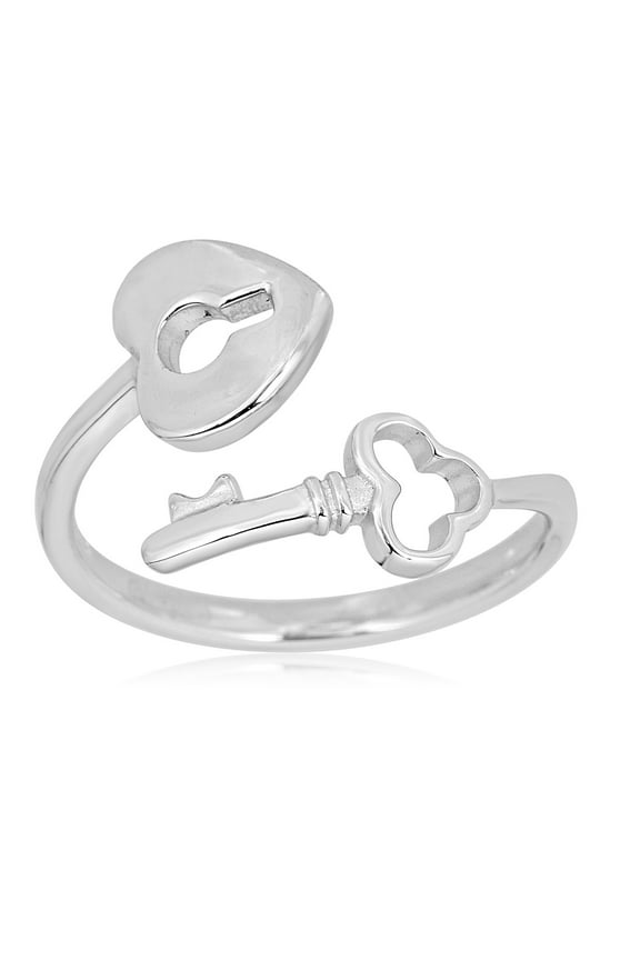 AVORA 925 Sterling Silver Adjustable Key and Heart Lock Bypass Toe Ring