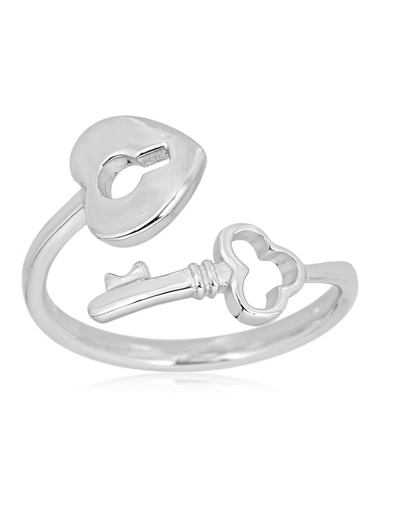 AVORA 925 Sterling Silver Adjustable Key and Heart Lock Bypass Toe Ring