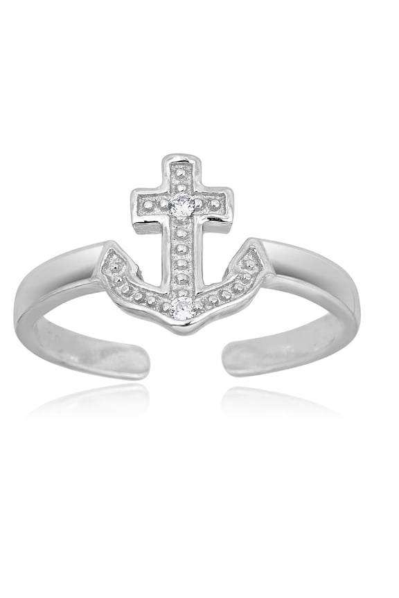 AVORA 925 Sterling Silver Adjustable Nautical Anchor Toe Ring with Simulated Diamond CZ