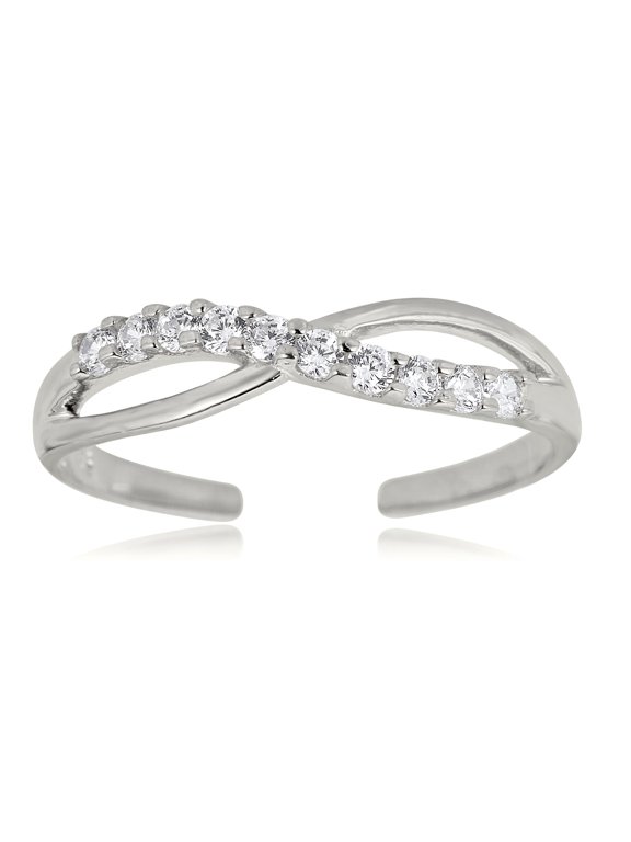 AVORA 925 Sterling Silver Adjustable Sideways Infinity Toe Ring with Simulated Diamond CZ