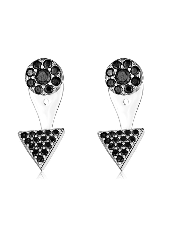 AVORA 925 Sterling Silver Black Simulated Diamond CZ Triangle Stud Earrings with Drop Jackets