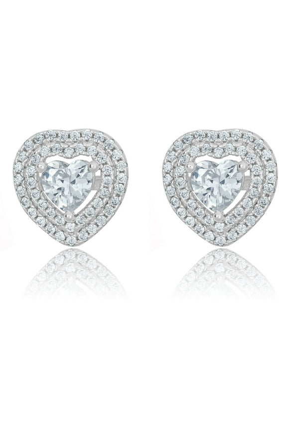AVORA 925 Sterling Silver Heart-shaped Simulated Diamond CZ Heart Halo Stud Earrings