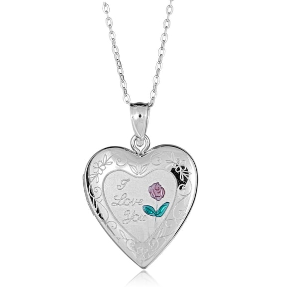 AVORA 925 Sterling Silver "I Love You" Heart Photo Locket Necklace with 18" Chain