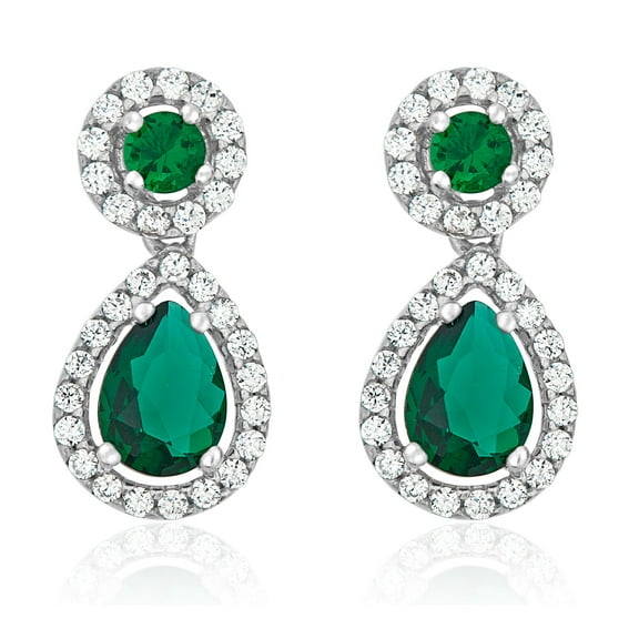 AVORA 925 Sterling Silver May Birthstone Pear-shaped Simulated Diamond CZ Halo Dangle Earrings