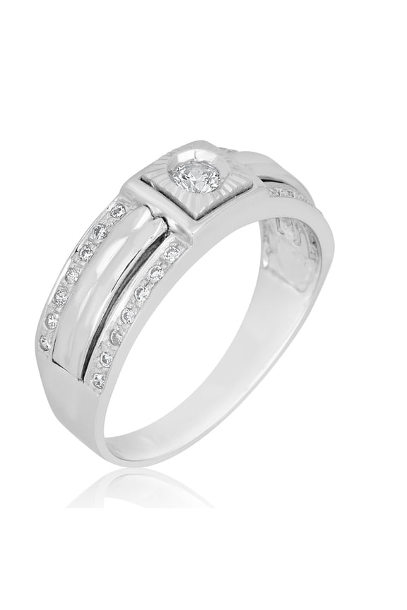AVORA 925 Sterling Silver Men's Solitaire Simulated Diamond CZ Anniversary Wedding Band Ring - Size 10.5