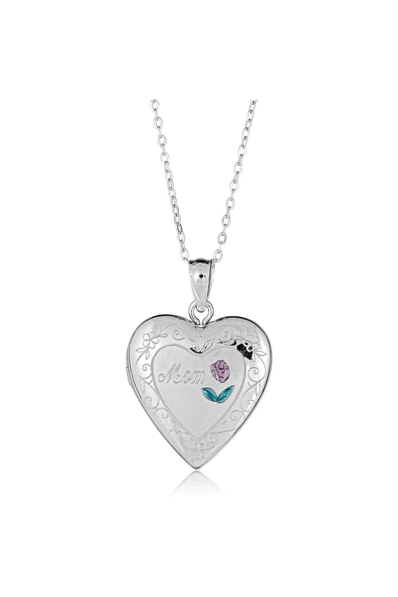 AVORA 925 Sterling Silver "Mom" Heart Photo Locket Pendant Necklace with 18" Chain
