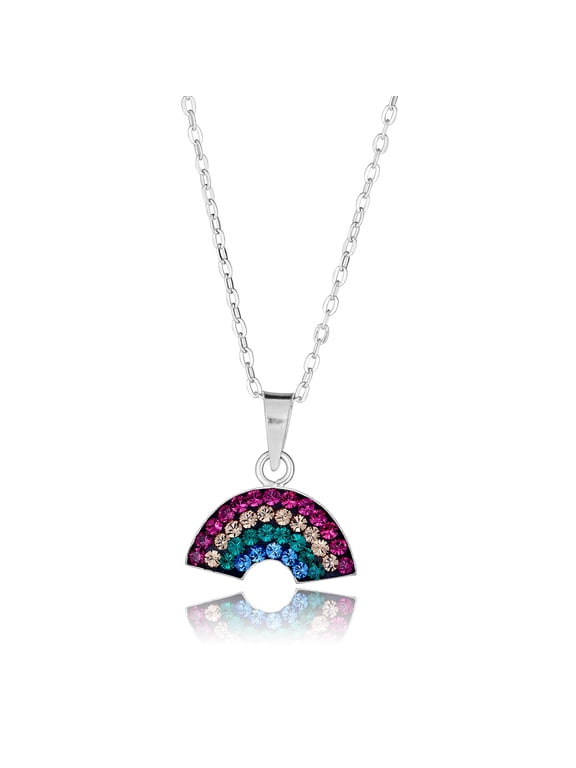 AVORA 925 Sterling Silver Multi-Color Crystal Rainbow Pendant Necklace with 18" Chain