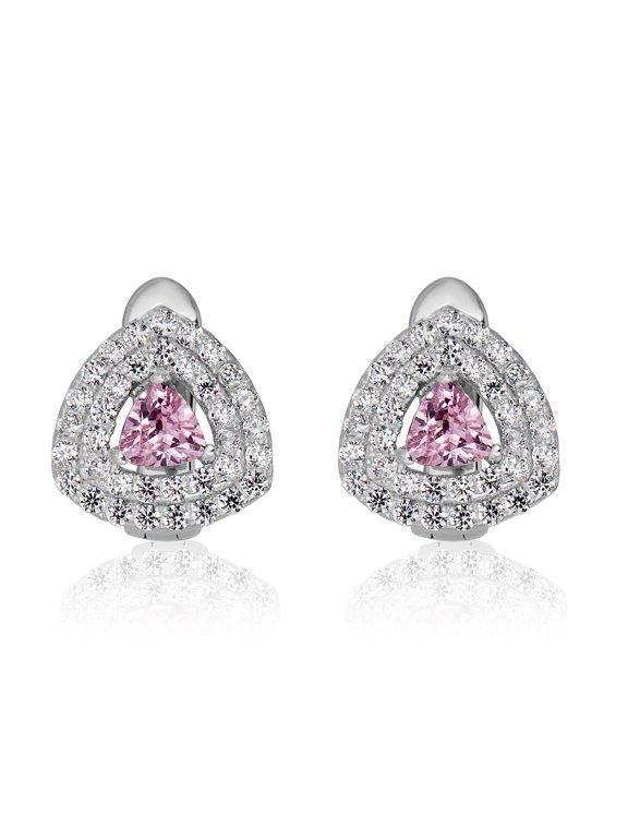 AVORA 925 Sterling Silver Pink Triangular Simulated Diamond CZ Halo Stud Earrings