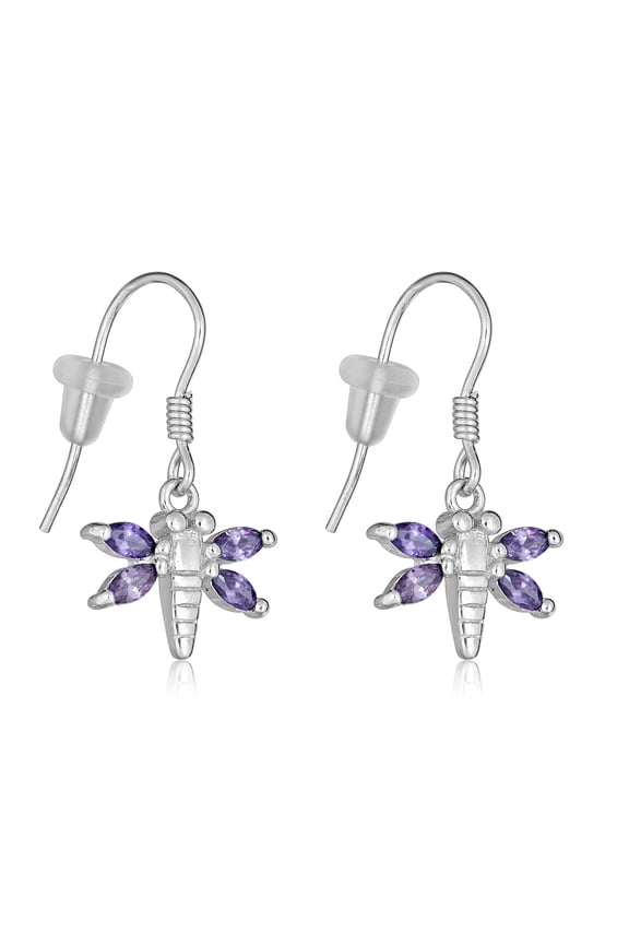 AVORA 925 Sterling Silver Purple Simulated Diamond CZ Dragonfly Dangle Drop Earrings