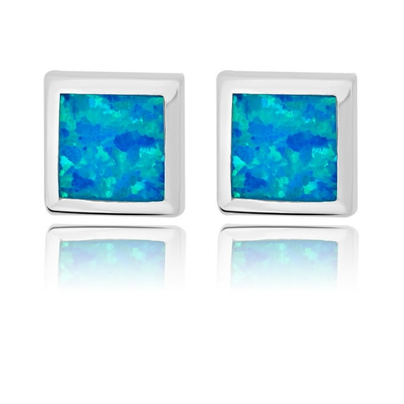 AVORA 925 Sterling Silver Simulated Blue Opal Square shape Stud Earrings