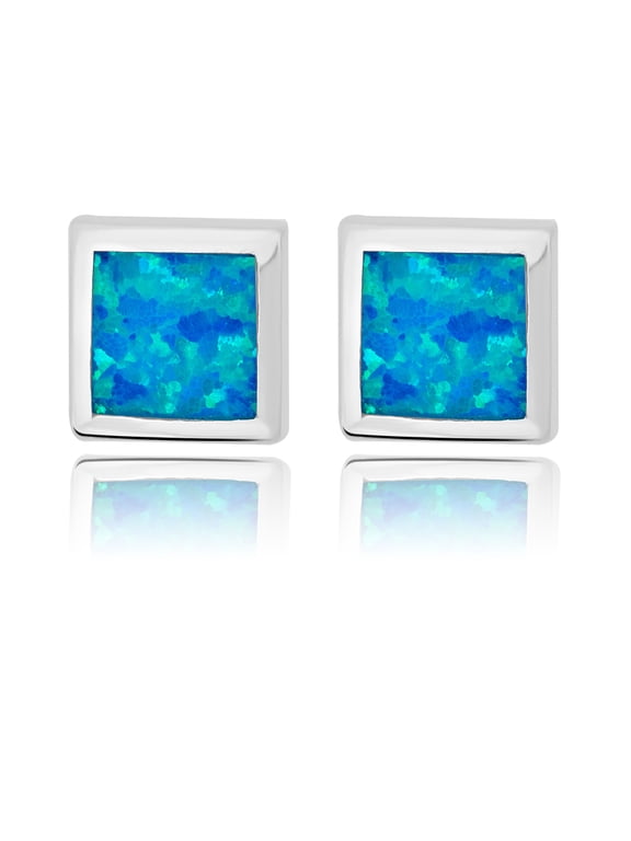 AVORA 925 Sterling Silver Simulated Blue Opal Square shape Stud Earrings