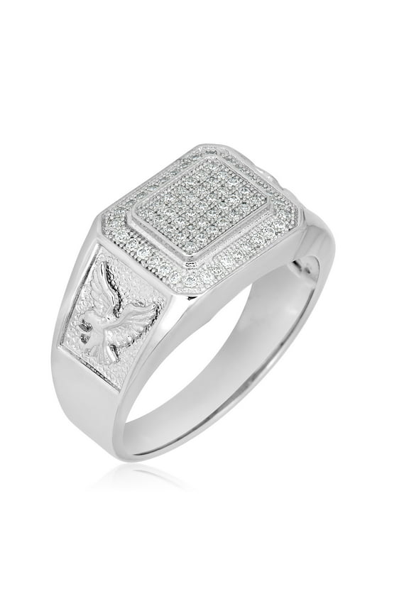 AVORA 925 Sterling Silver Simulated Diamond CZ American Eagle Men's Signet Fashion Ring - Size 10.5