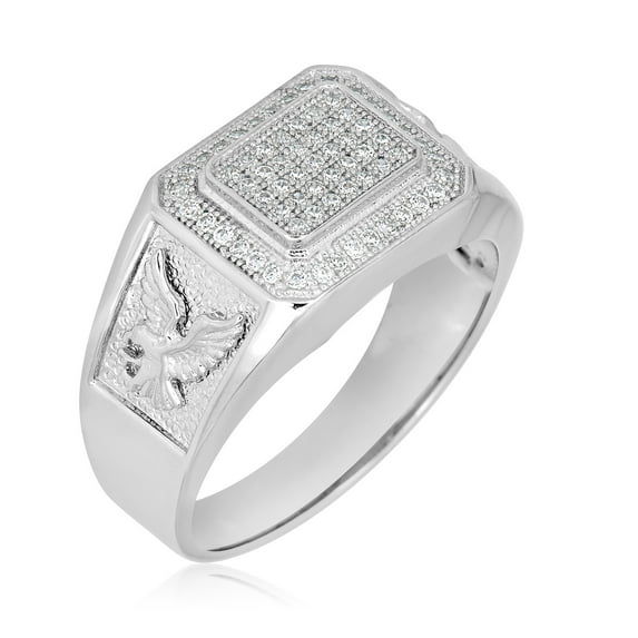 AVORA 925 Sterling Silver Simulated Diamond CZ American Eagle Men's Signet Fashion Ring - Size 10