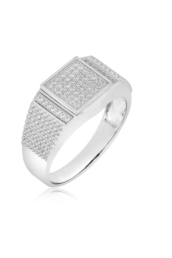 AVORA 925 Sterling Silver Simulated Diamond CZ Men's Beaded Signet Fashion Ring - Size 10.5