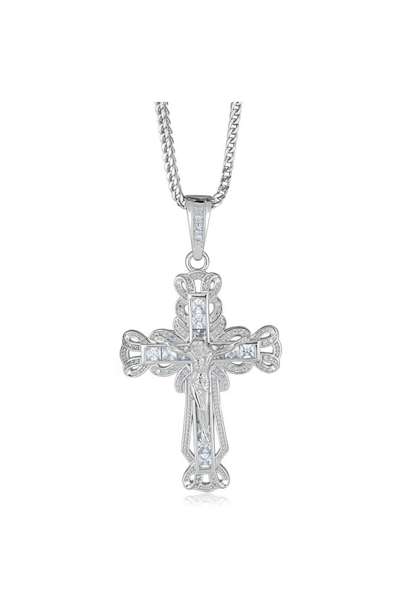AVORA 925 Sterling Silver Simulated Diamond CZ Men's Hip Hop Religious Crucifix Cross Pendant Necklace with 25" Chain
