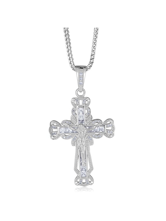 AVORA 925 Sterling Silver Simulated Diamond CZ Men's Hip Hop Religious Crucifix Cross Pendant Necklace with 25" Chain