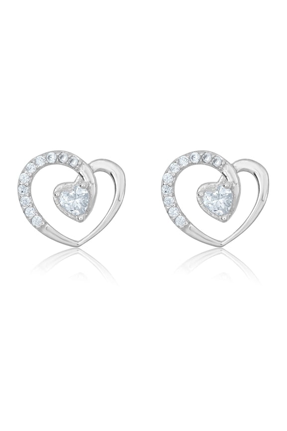 AVORA 925 Sterling Silver Simulated Diamond CZ Open Heart Stud Earrings