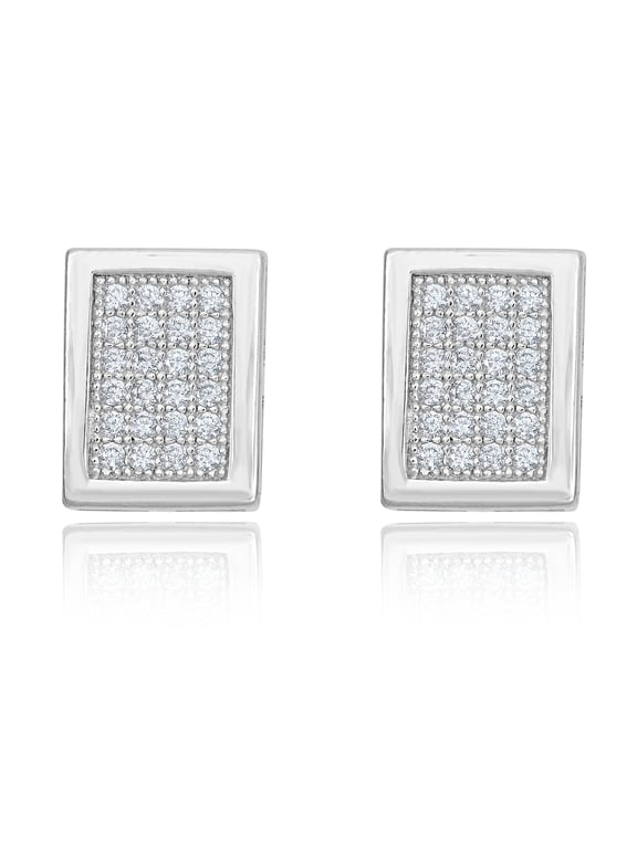 AVORA 925 Sterling Silver Simulated Diamond CZ Rectangle Shape Men's Hip Hop Stud Earrings