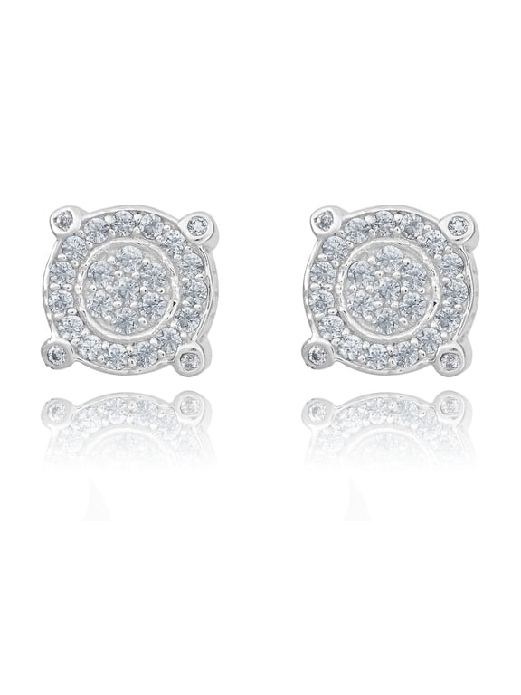AVORA 925 Sterling Silver Simulated Diamond CZ Round Shape Men's Hip Hop Stud Earrings