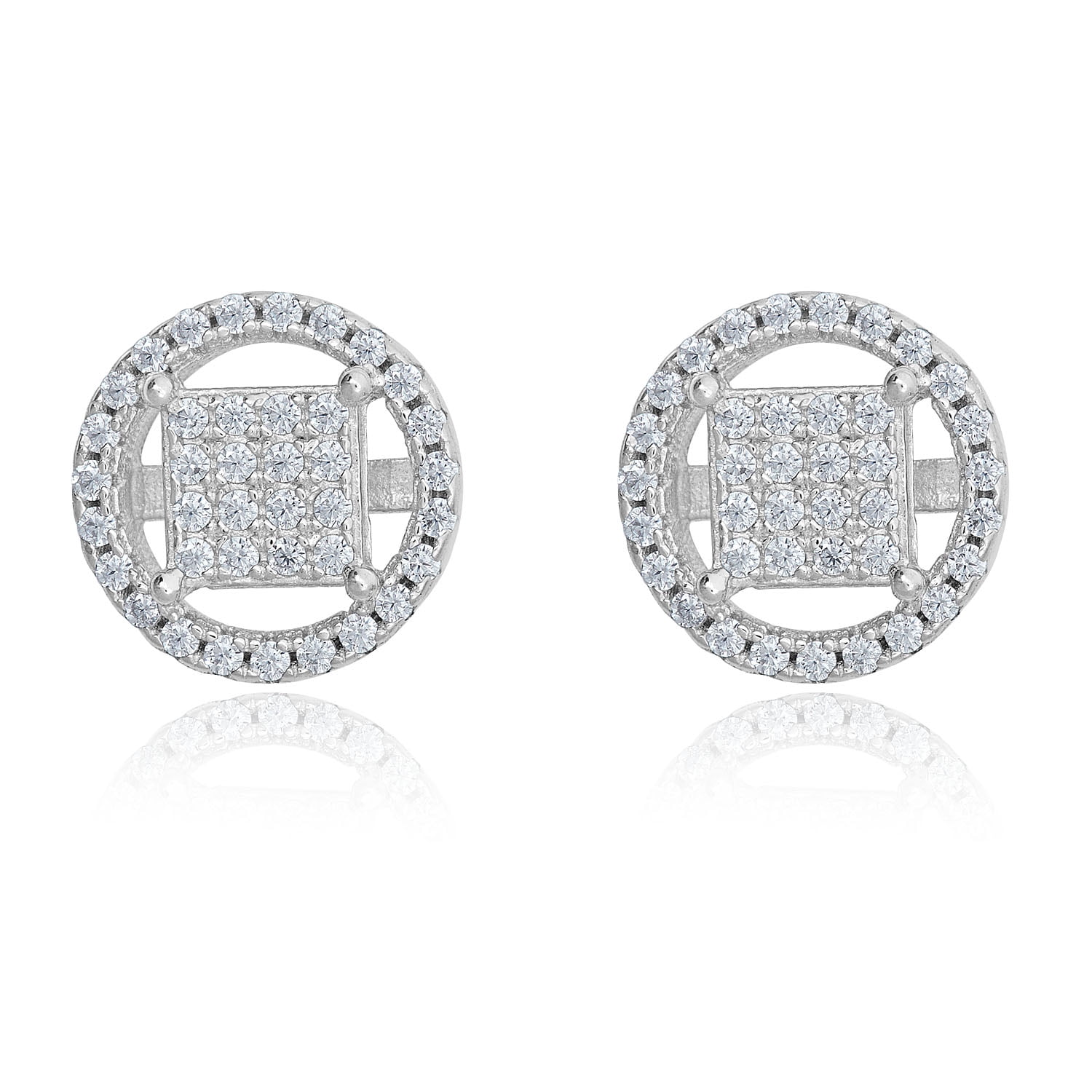 AVORA 925 Sterling Silver Simulated Diamond CZ Square Composite Circle Halo Men's Hip Hop Stud Earrings